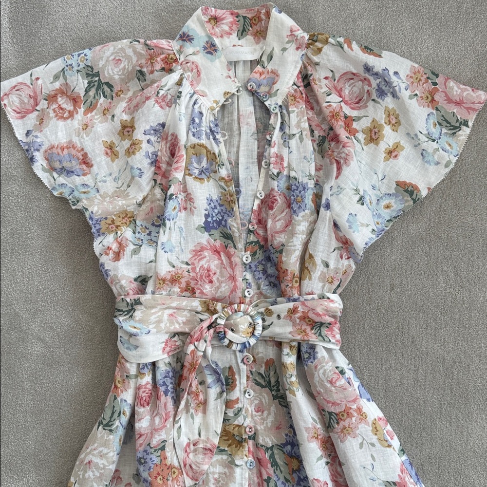Zimmermann White Floral Button-Up Dress with Pink and Green Accents, size 0 - Picture 2 of 5